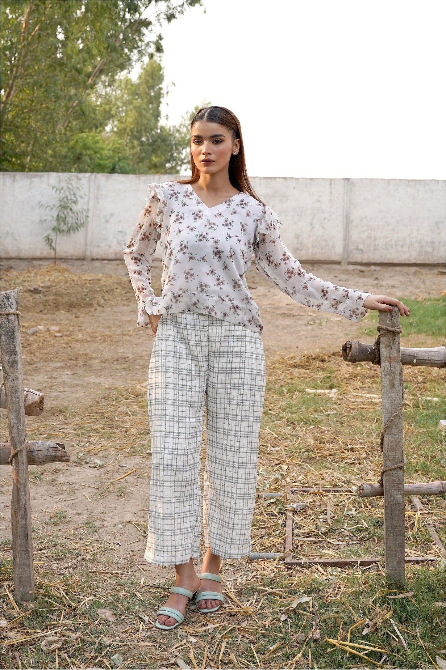 Chiffon Floral Top & Georgette Plaid Wide-Leg Pant Set