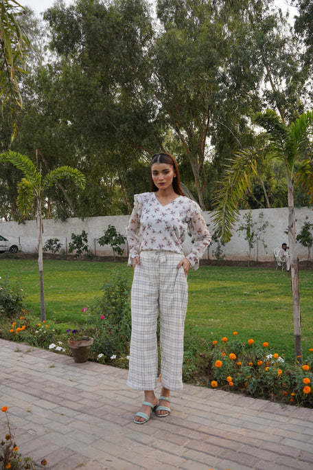Chiffon Floral Top & Georgette Plaid Wide-Leg Pant Set
