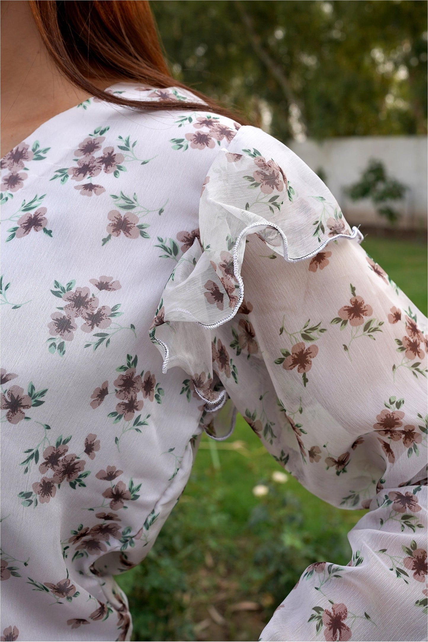 Chiffon Floral Top & Georgette Plaid Wide-Leg Pant Set