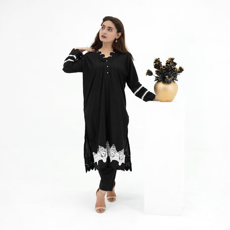 Black 2-Piece Lawn Crochet Set with Pearl Buttons, and Cutwork