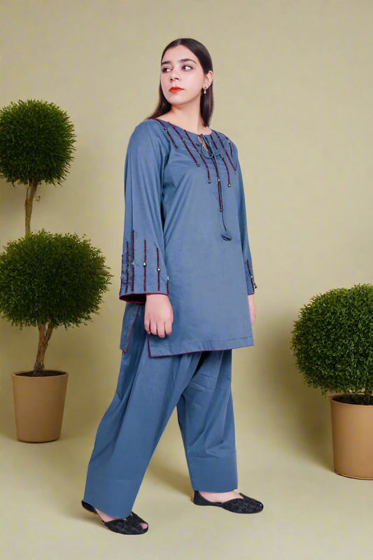 Grey Handmade Stone Work 2-Piece Farshi Shalwar Set