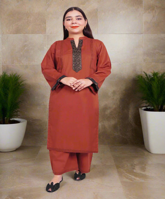 Rust Embroidered Cotton Kurta Set