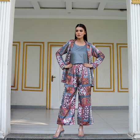Printed Silk Shirt with Georgette Cami & Pants 3-Piece Set