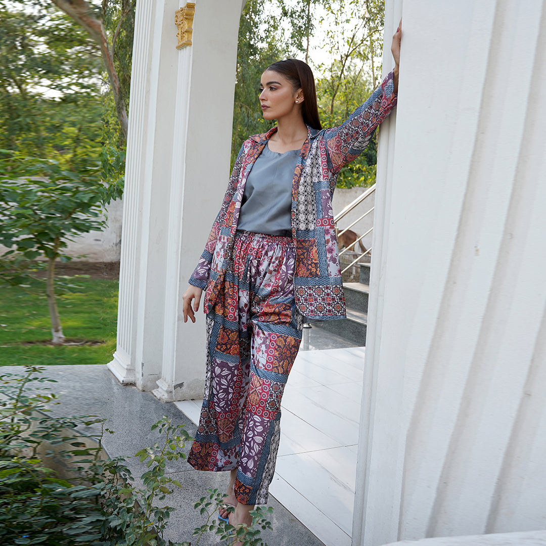 Printed Silk Shirt with Georgette Cami & Pants 3-Piece Set