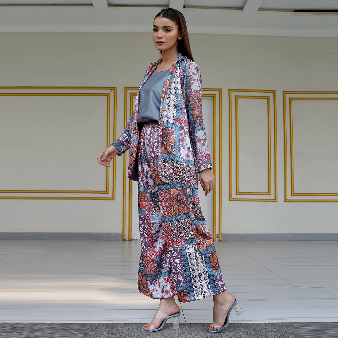 Printed Silk Shirt with Georgette Cami & Pants 3-Piece Set