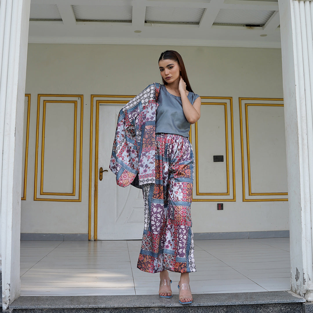Printed Silk Shirt with Georgette Cami & Pants 3-Piece Set