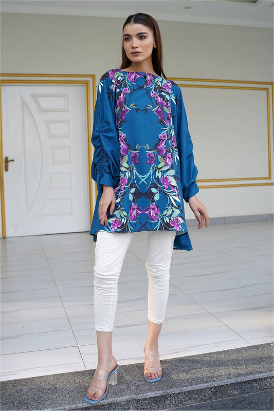 Floral Georgette Top with Ruched Sleeves
