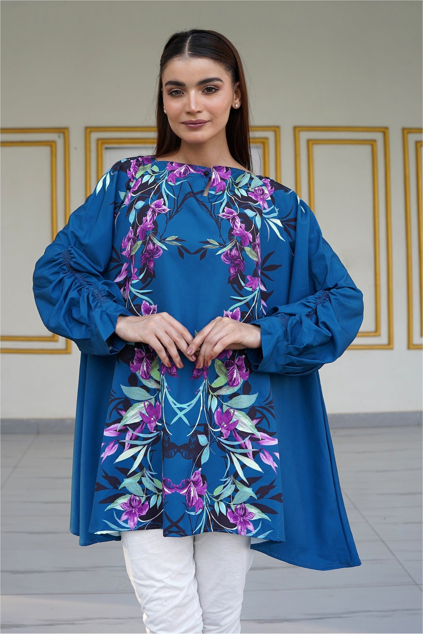 Floral Georgette Top with Ruched Sleeves