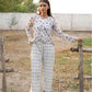 Chiffon Floral Top & Georgette Plaid Wide-Leg Pant Set