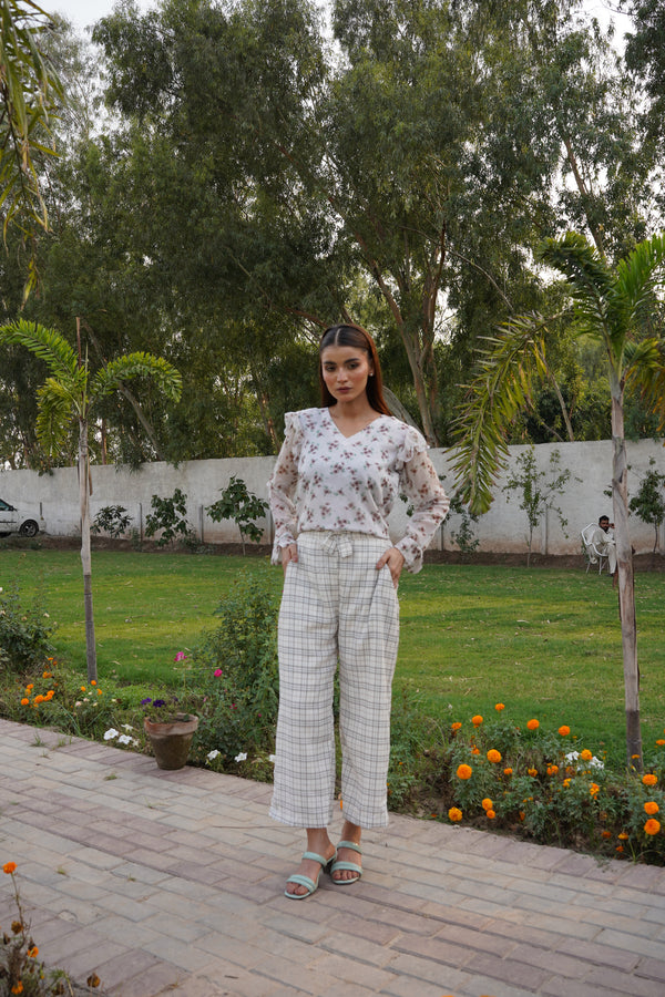 Chiffon Floral Top & Georgette Plaid Wide-Leg Pant Set