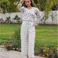 Chiffon Floral Top & Georgette Plaid Wide-Leg Pant Set