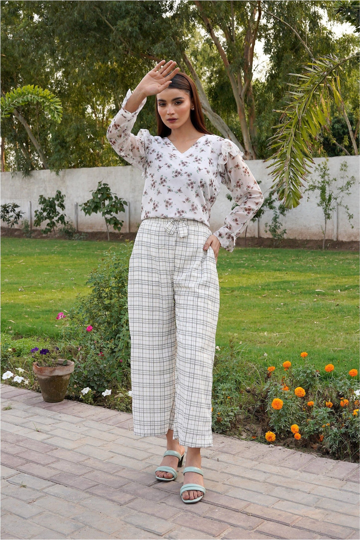 Chiffon Floral Top & Georgette Plaid Wide-Leg Pant Set
