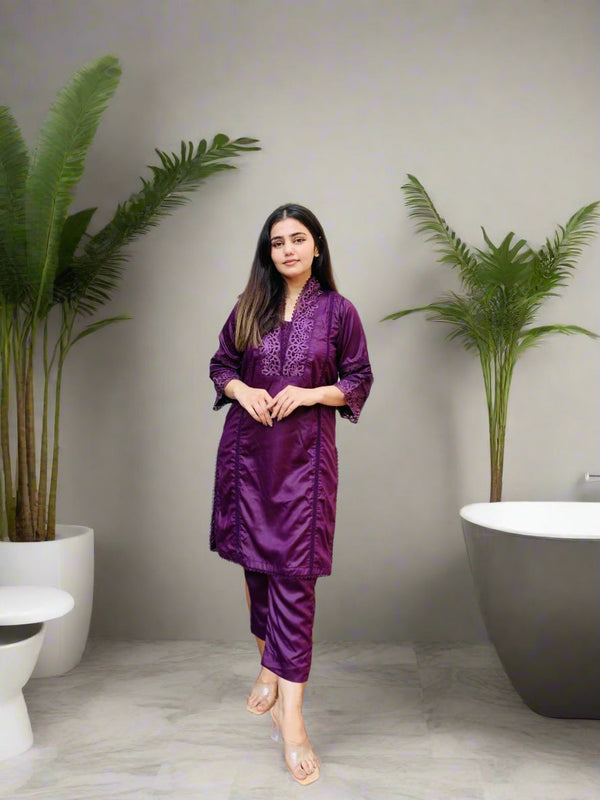 Luxurious Deep Purple Satin Kurta with Intricate Embroidery