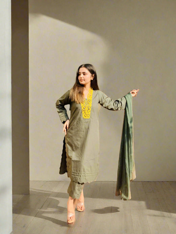 Olive Green 3 Piece Cotton Suit with Yellow Embroidered Neckline & Scalloped Hem