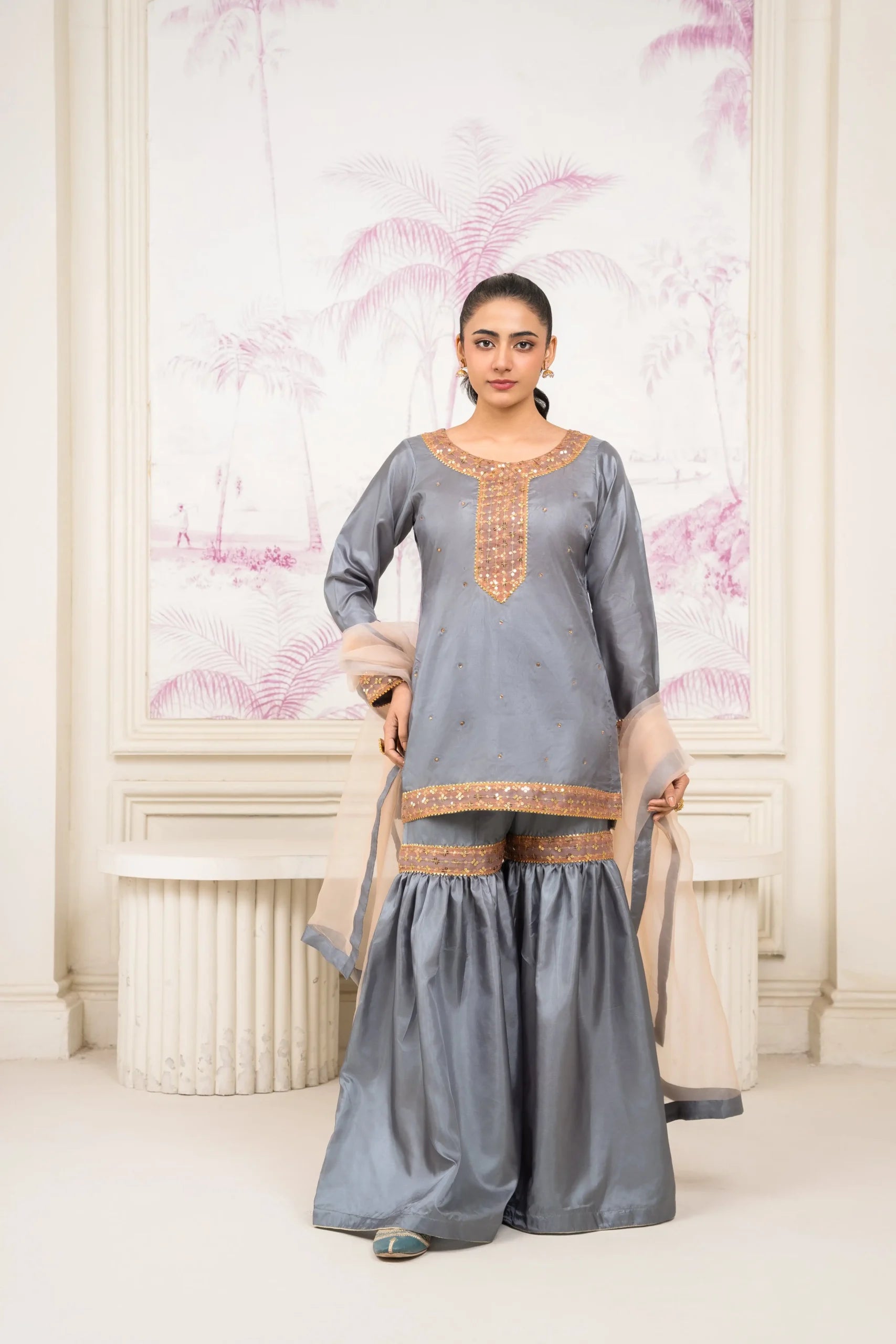 Grey Silk Gharara Set with Golden Embellishments