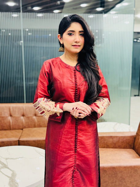 Festive Embroidered 2-Piece Maroon Silk Suit