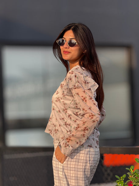 Chiffon Floral Top & Georgette Plaid Wide-Leg Pant Set