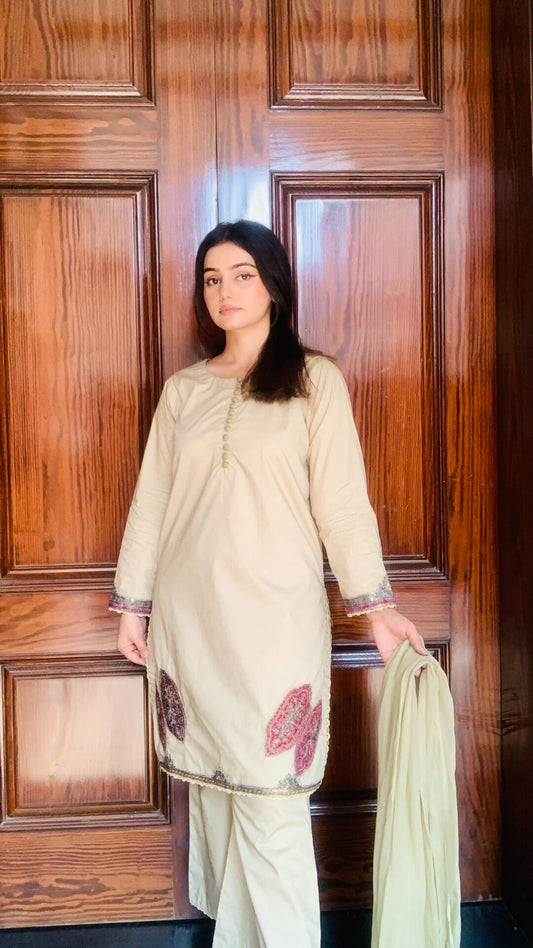 New Light Beige Embroidered 3 Piece Dress