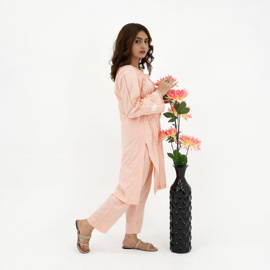 Peach Embroidered Lawn Kurta Cord Set – Elegant & Comfortable
