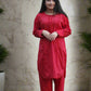 2 Piece Vibrant Red Cotton Suit with Embroidered Sleeves and Cutwork Detailing