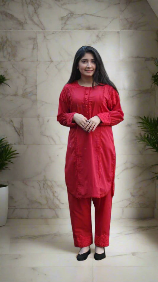 2 Piece Vibrant Red Cotton Suit with Embroidered Sleeves and Cutwork Detailing