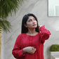 2 Piece Vibrant Red Cotton Suit with Embroidered Sleeves and Cutwork Detailing