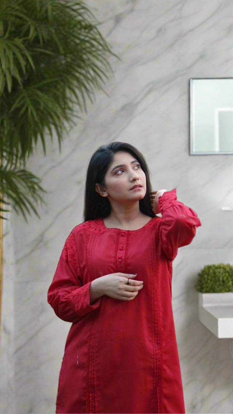 2 Piece Vibrant Red Cotton Suit with Embroidered Sleeves and Cutwork Detailing