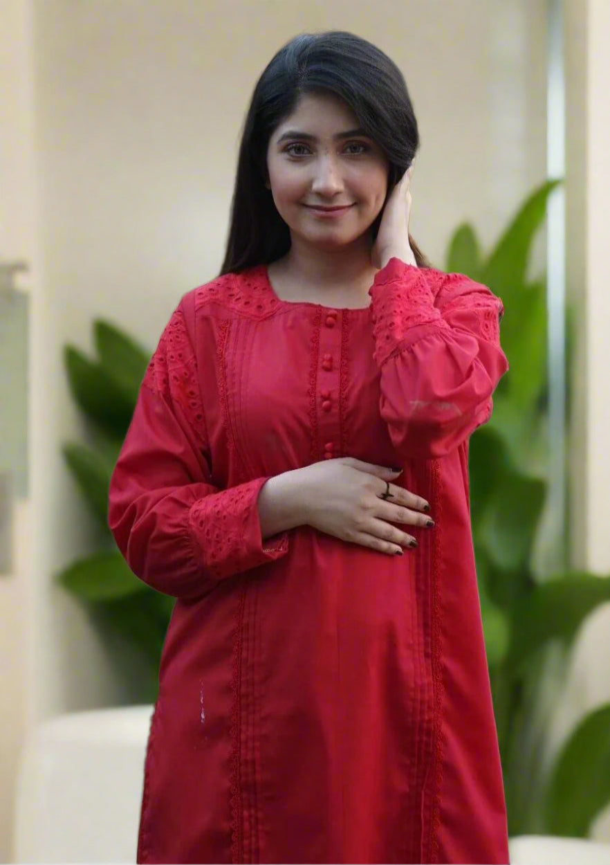 2 Piece Vibrant Red Cotton Suit with Embroidered Sleeves and Cutwork Detailing