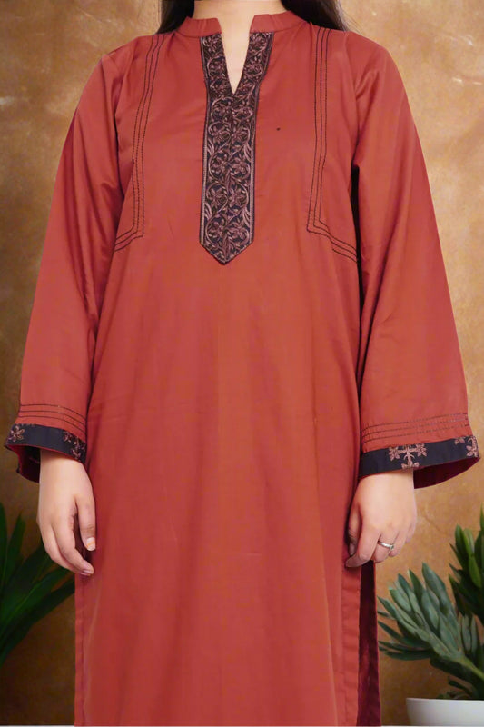 Rust Embroidered Cotton Kurta Set