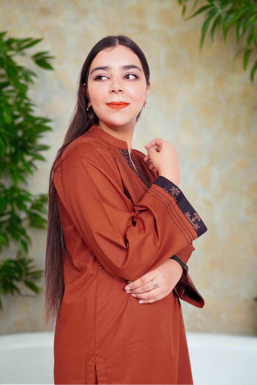 Rust Embroidered Cotton Kurta Set