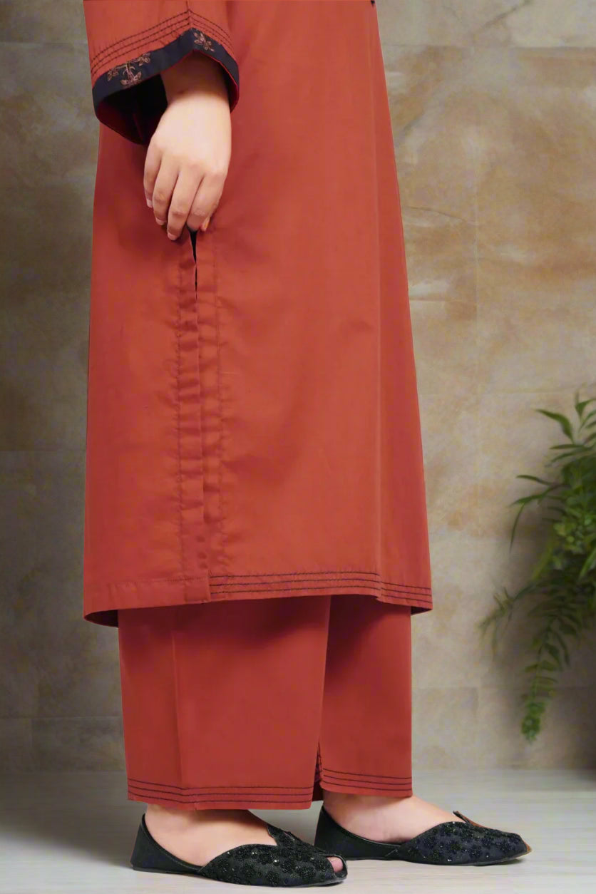 Rust Embroidered Cotton Kurta Set