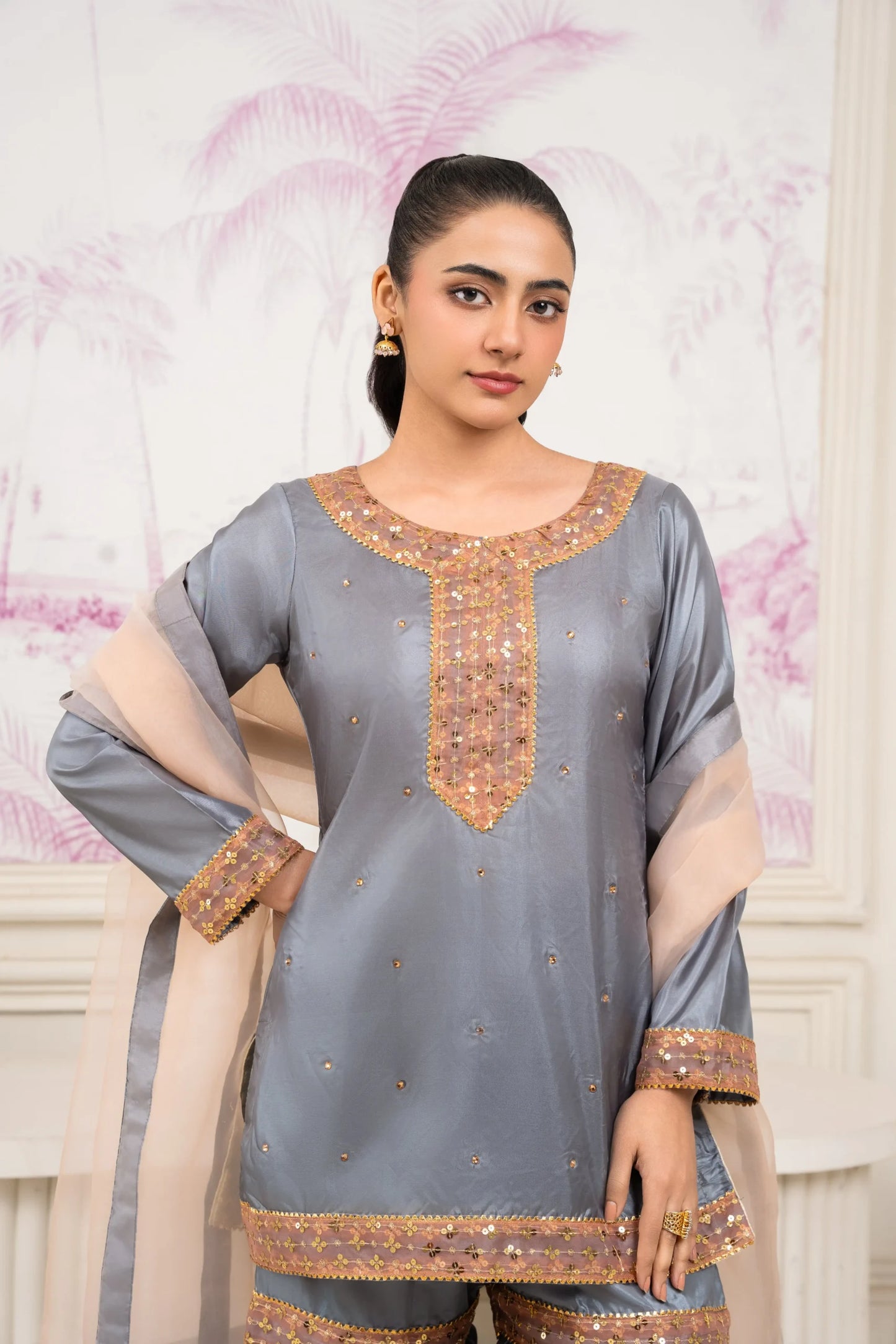 Grey Silk Gharara Set with Golden Embellishments