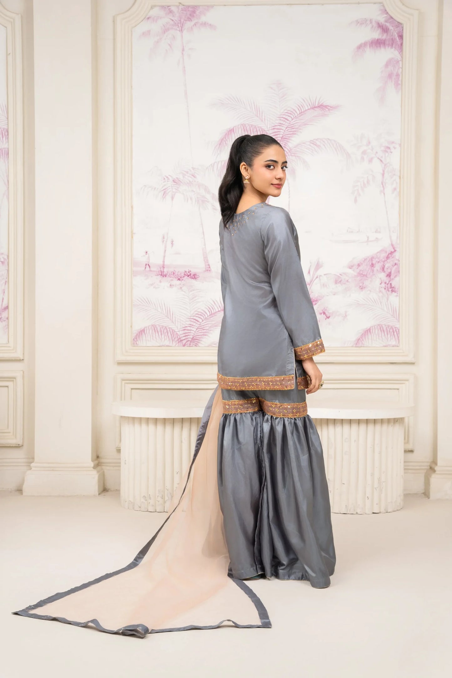 Grey Silk Gharara Set with Golden Embellishments