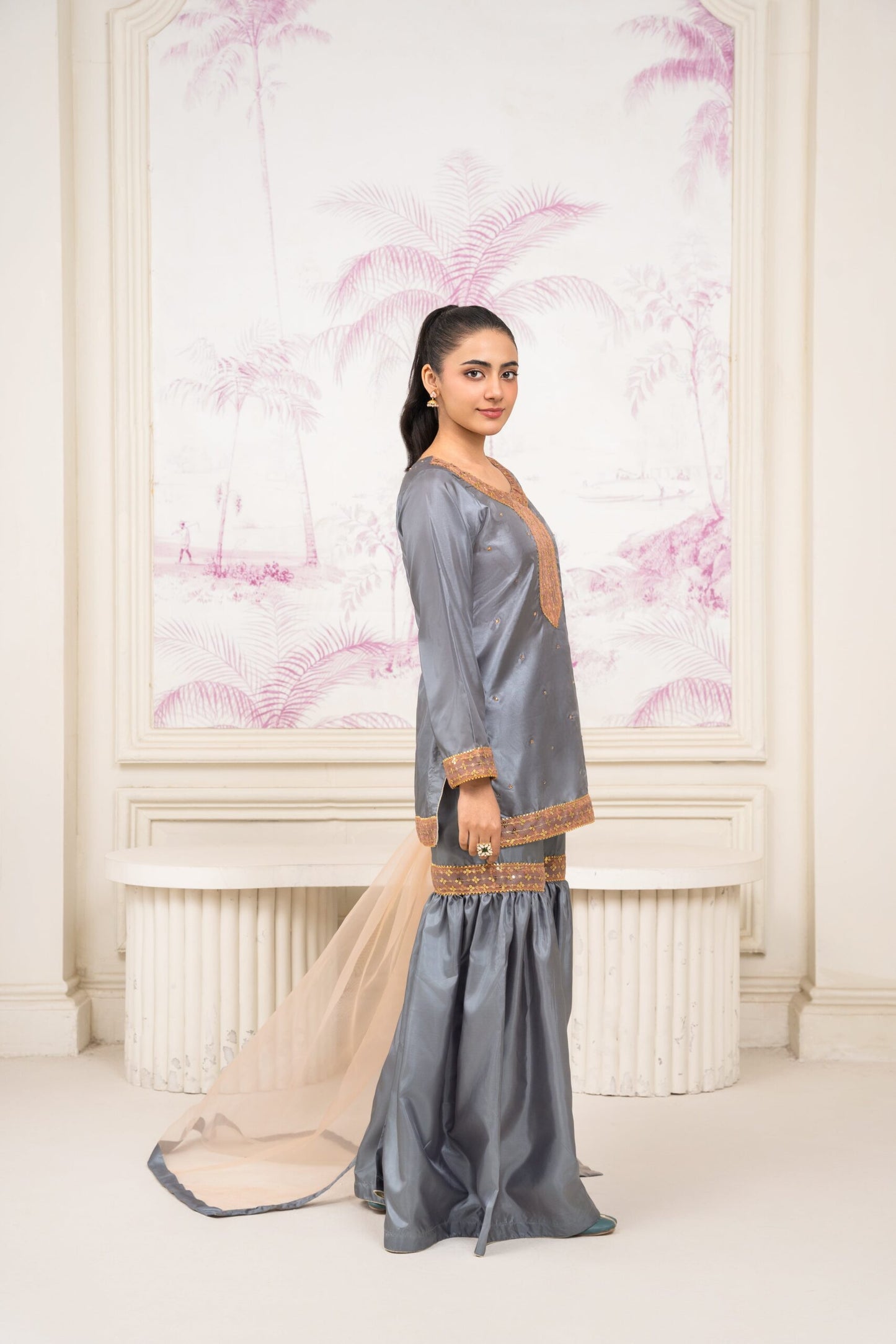 Grey Silk Gharara Set with Golden Embellishments