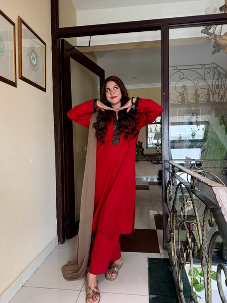 Rust Embroidered Cotton Kurta Set