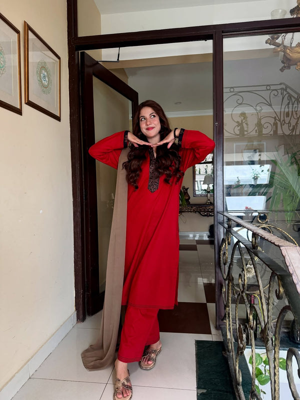 Rust Embroidered Cotton Kurta Set