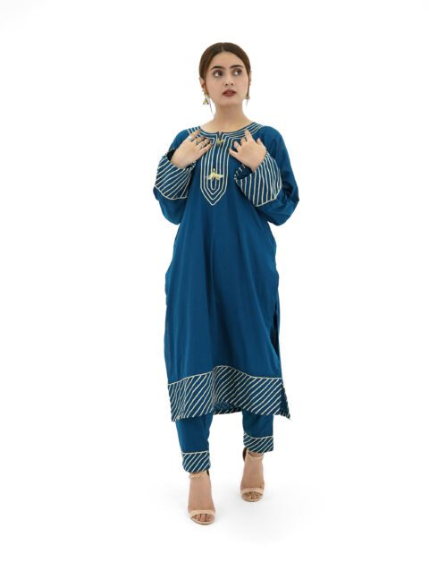 Elegant Zinc Blue Lawn Kurti with Gold Detailing