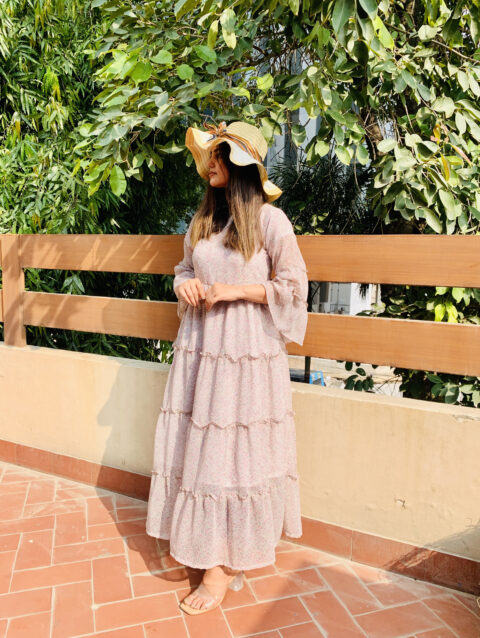 Light Pink Floral Maxi Dress with Tiered Ruffle Details