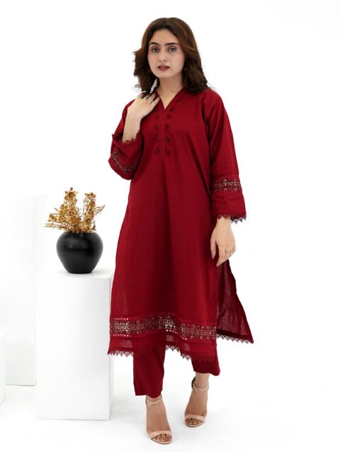 Mehroon V Neck Embroidered Kurti With Plain Trousers