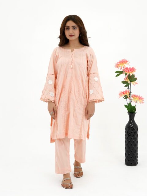 Peach Embroidered Lawn Kurta Cord Set for Casual Outings