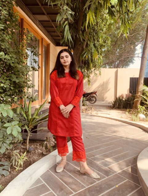 Vibrant Red Cotton Suit with Embroidered Sleeves and Cutwork Detailing