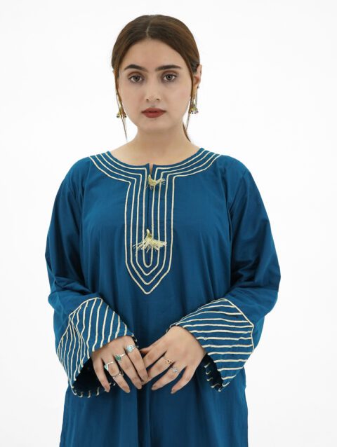 Zinc Blue Lawn Kurti with Golden Cord Embroidery