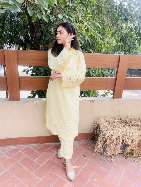 Soft Yellow Cotton Suit embroidered