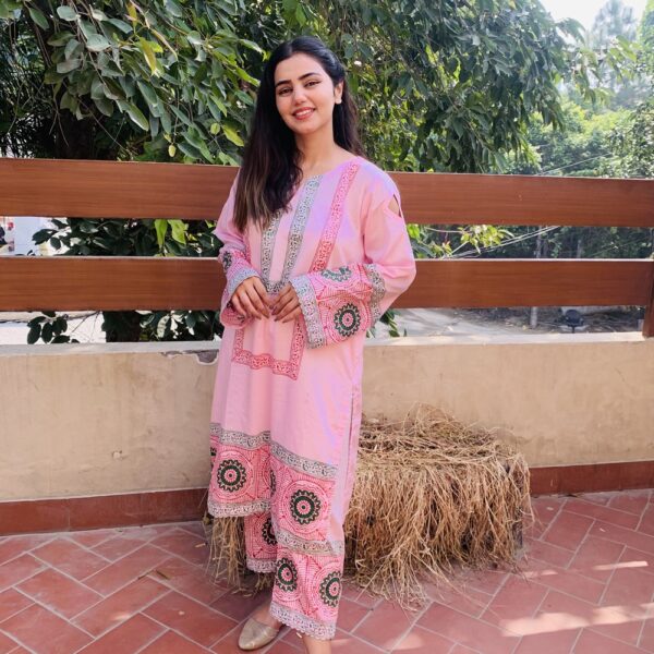 Light Pink Cotton Suit with Multicolored Embroidered Circular Patterns