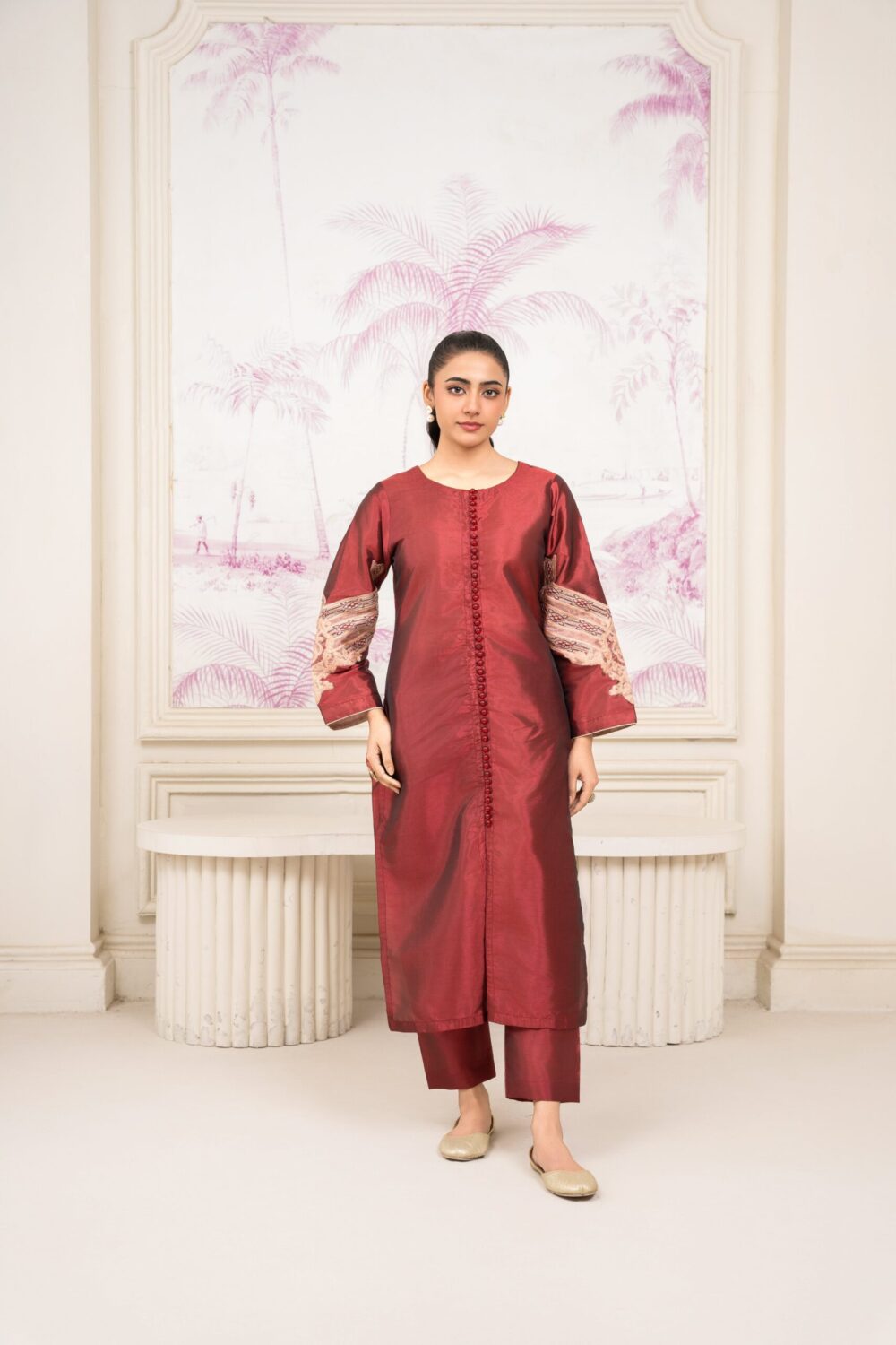 Festive Embroidered 2-Piece Maroon Silk Suit