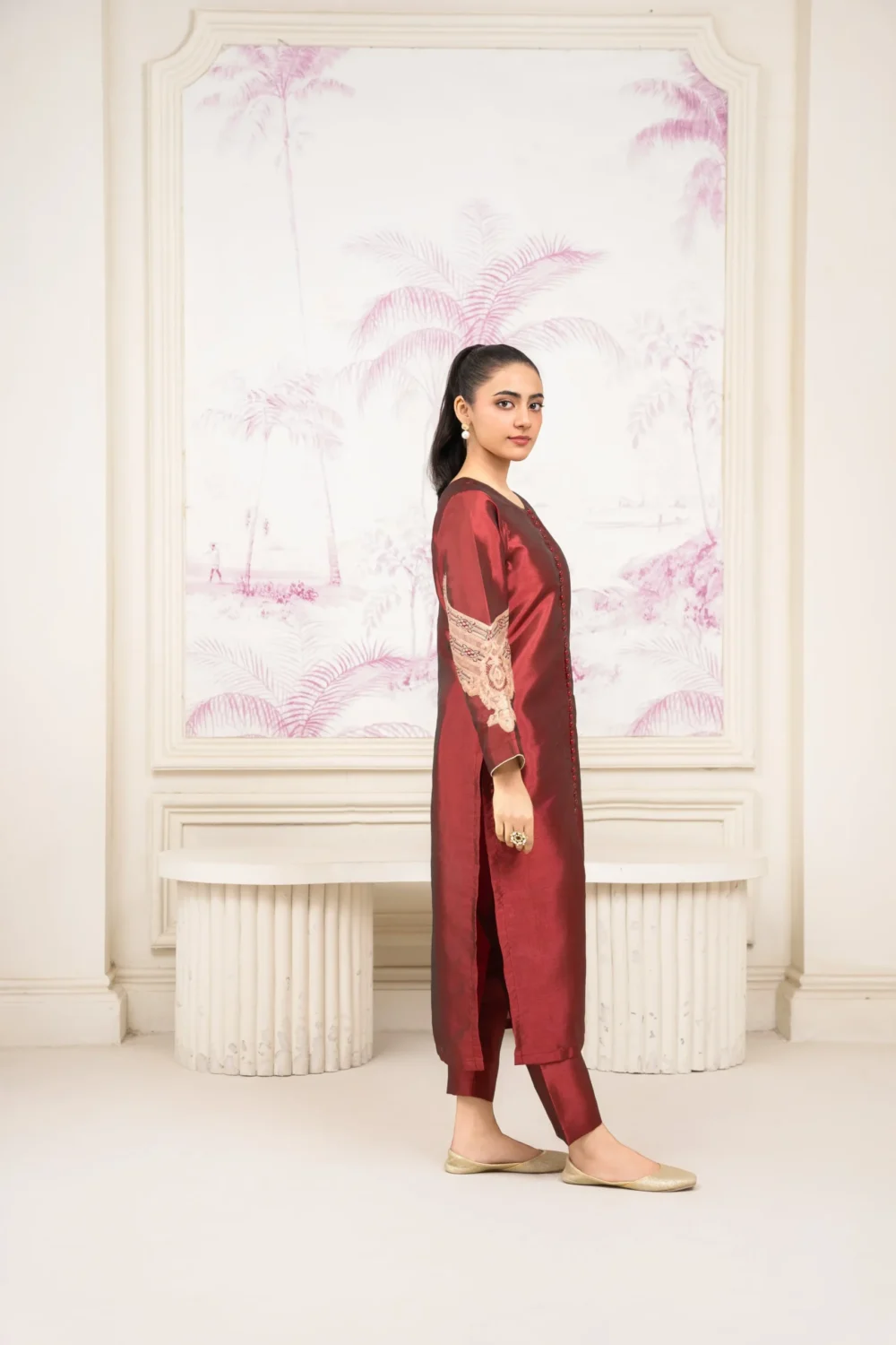 Festive Embroidered 2-Piece Maroon Silk Suit - Image 2