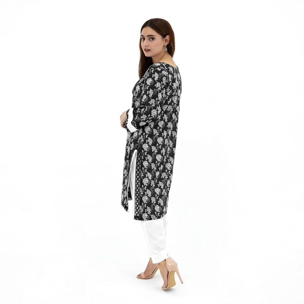 Women’s Black and White Floral Printed Shirt With Plain Trousers - Image 2