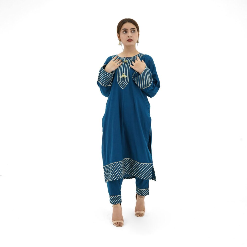 Zinc Blue Lawn Kurti with Golden Cord Embroidery - Image 2