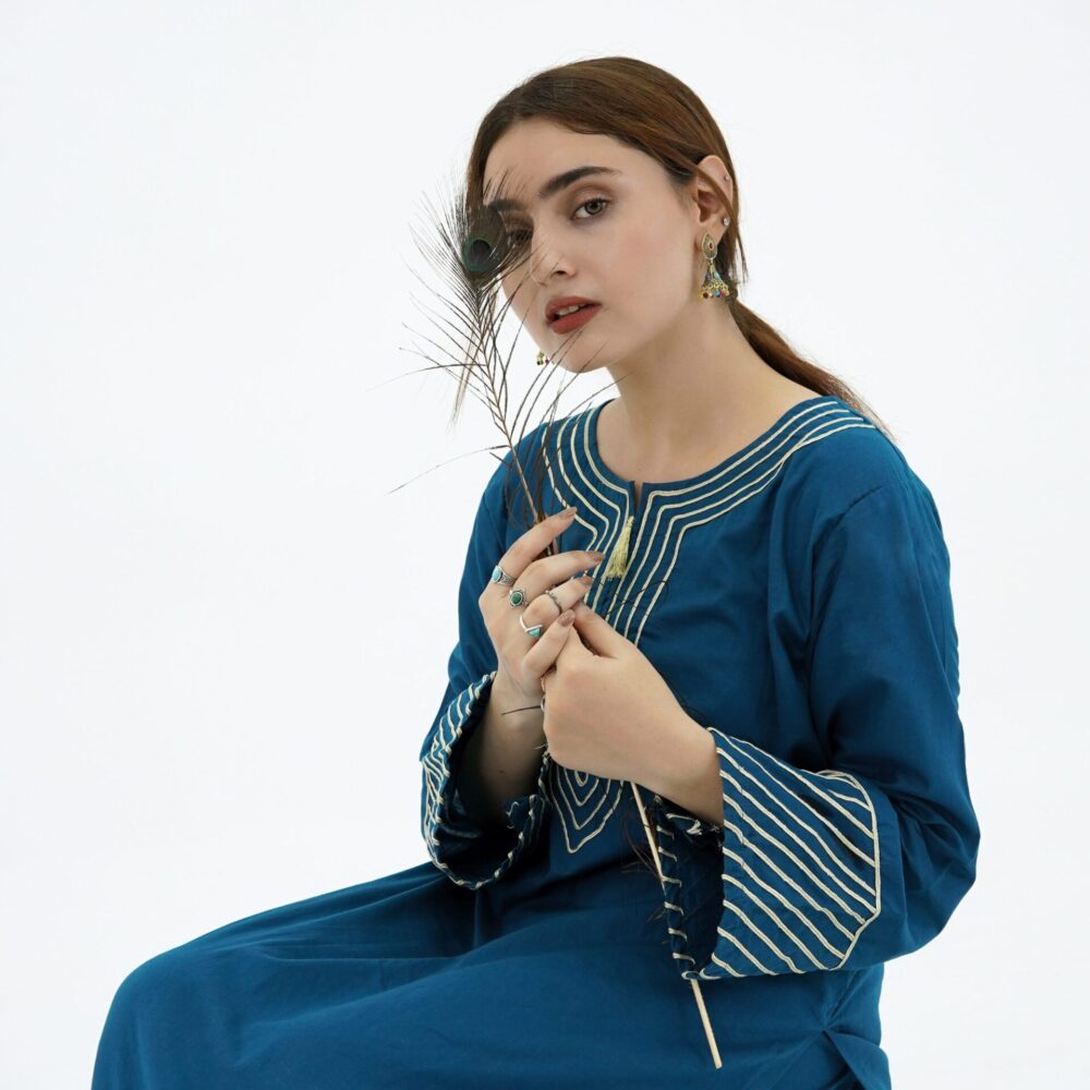 Zinc Blue Lawn Kurti with Golden Cord Embroidery - Image 3