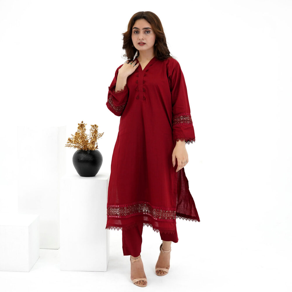 Women’s V Neck Mehroon Embroidered Lawn Kurti With Plain Trousers